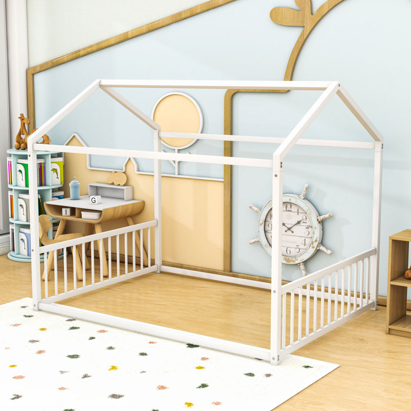 Metal Floor Bed With House-Shaped And Guardrails, Full, White