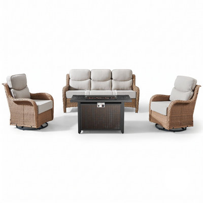 Ensemble de conversation pour canapé d'extérieur en osier avec chaises pivotantes et table de foyer