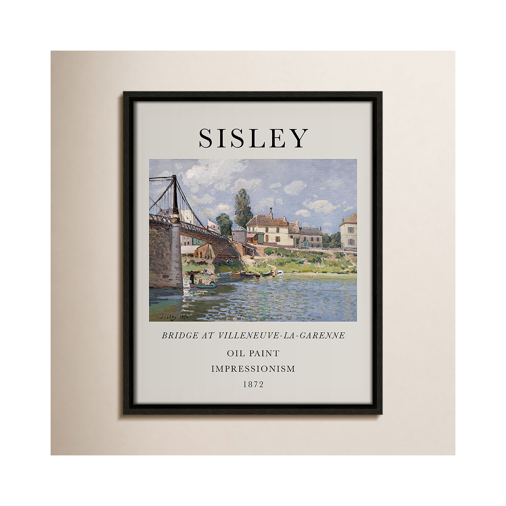 Old Masters Collection " The Bridge At Villeneuve " by Alfred Sisley, 15.5" H x 12.5" W x 2" D, No, Espresso Floater Frame