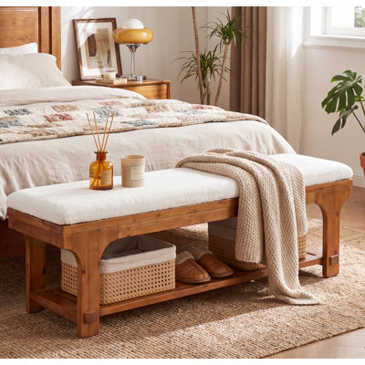 59" Solid Wood Bedroom Bench with Boucle Cushion, Rustic Upholstered End of Bed Bench with Storage Shelf for Bedroom, Easy Assembly
