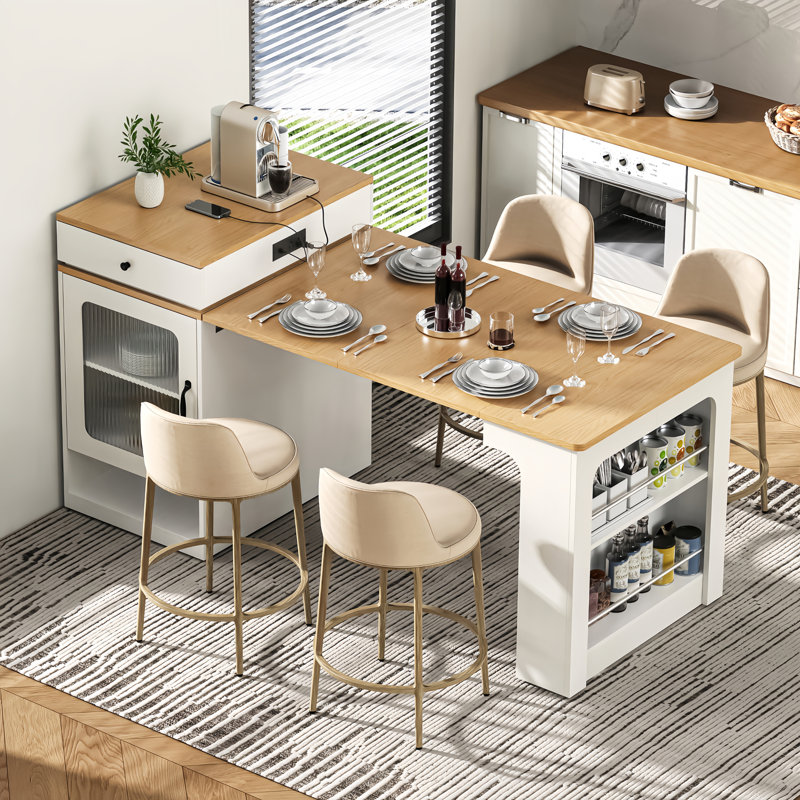 Îlot de cuisine 59,5 po avec table de salle à manger extensible, table de rangement de cuisine avec rangement double face et 2 tiroirs, prise de courant, tablettes latérales ouvertes