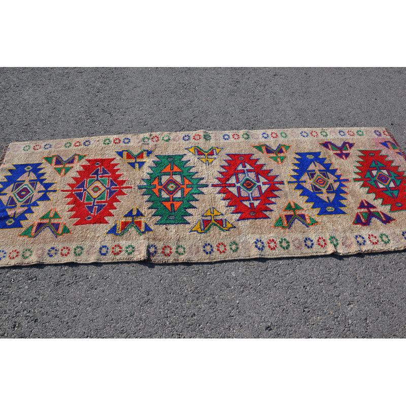Tapis turc rétro vintage beige Anatolian Herki idéal pour la cuisine et le vestibule Tribal