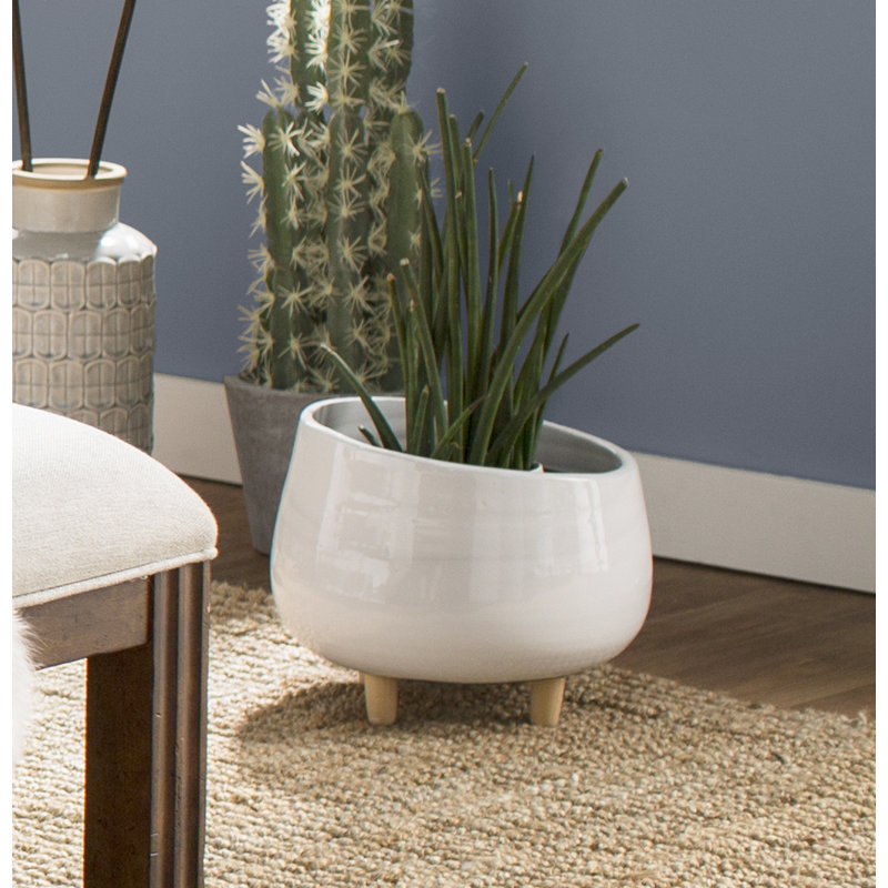 Round Ceramic Planter with Wood Feet, 7.68" H x 12.4" W x 12.4" D
