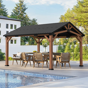 14' X 12' Outdoor Metal Roof Gazebo With Wooden Frame, Hardtop Gazebo,  Resistant Sloping Steel Roof