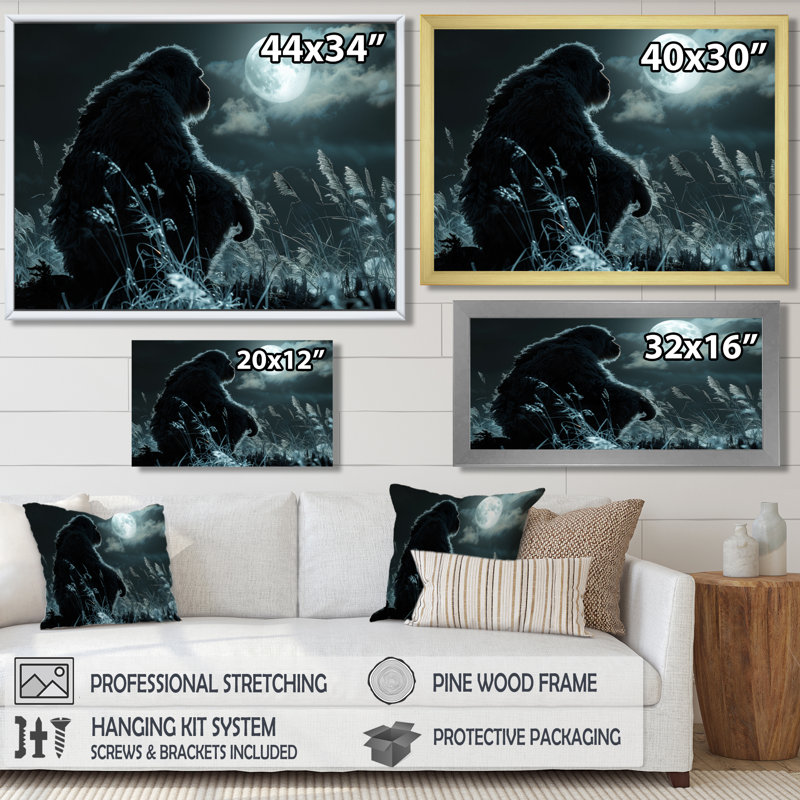 Noir et blanc clair de lune prairie Bigfoot - Bigfoot Wall Art Living Room, H 16 po x l 32 po x P 1 po