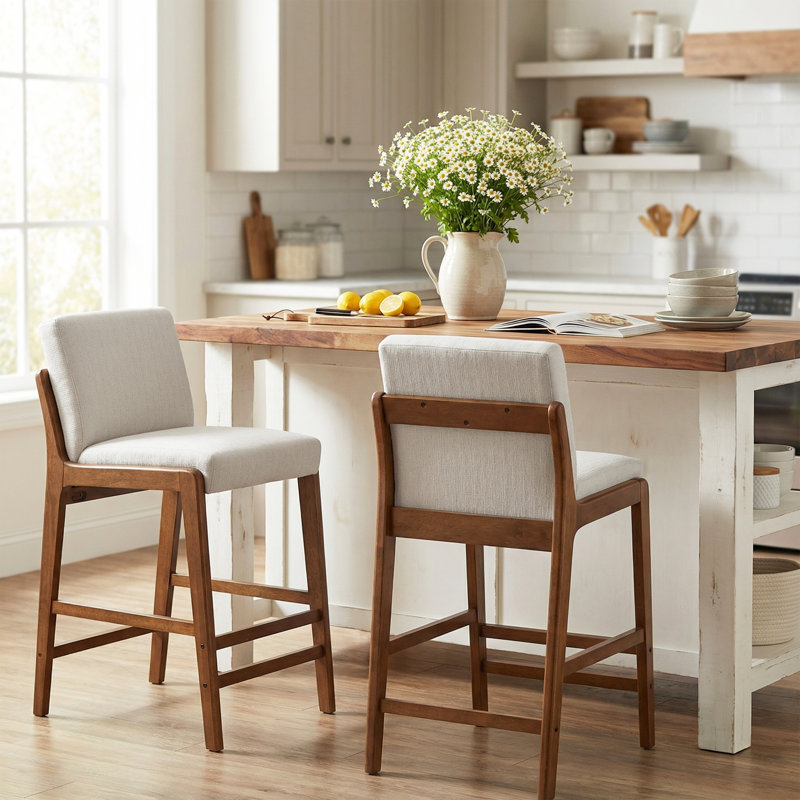 Tabouret de bar rembourré Ryden, Siège beige / structure en noyer, 2