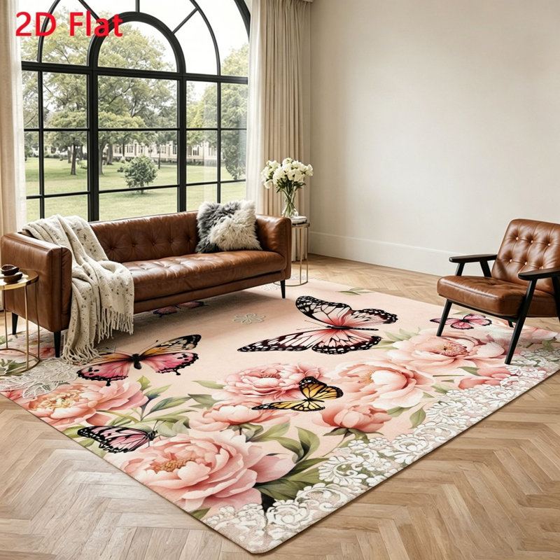 Beautiful Butterfly Floral Rug, Artistic Home Decor Accent, Soft and Comfortable, Non-Slip Washable for Living Room, Bedroom, Hallway, Entryway
