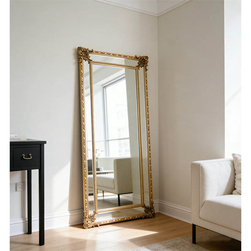 Miroir pleine grandeur français rétro sculpté antidéflagrant, 70.87" H x 31.5" W