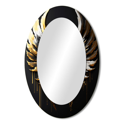Black Silver And Gold Angel Wings II - Fantasy Oval Decorative Mirror On Metal