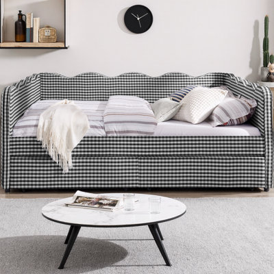 Cocoon Queen Size Cozy Gingham Daybed with Two Storage Drawers, Linen Fabric Sofa Bed with USB Port and Adorable Wave Shaped Design, for Bedroom or Living Room