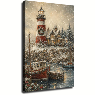 Snowy Lighthouse And Fishing Boats Christmas Canvas Wall Art, Vintage Winter Coastal Holiday Print For Farmhouse Wall Decor