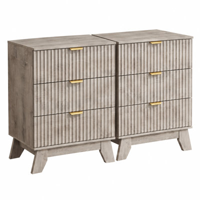 Fluted 3-Drawer Nightstand 2-Piece Set with USB Charging Ports, Mid-Century Modern Night Stand Bundle for Bedroom, Natural Oak Finish End Tables with Storage