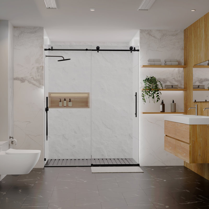 Porte de douche sans cadre l 56 à 60 po x H 76 po, porte de douche coulissante, avec cabine de douche en verre trempé épais de 5/16 po (8 mm) de qualité supérieure, noir mat chromé avec tampon