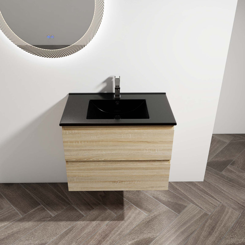 Meuble-lavabo mural avec lavabo en céramique, Chêne clair