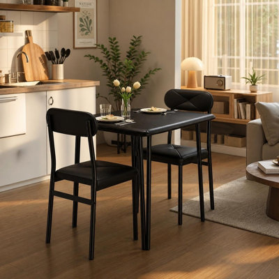Space-Saving 3-Piece Dining Table Set for 2 or 4 – Modern Square Table with Upholstered Chairs – Compact Apartment Furniture – Ideal for Kitchen or Dining Room – Black or Grey Finish