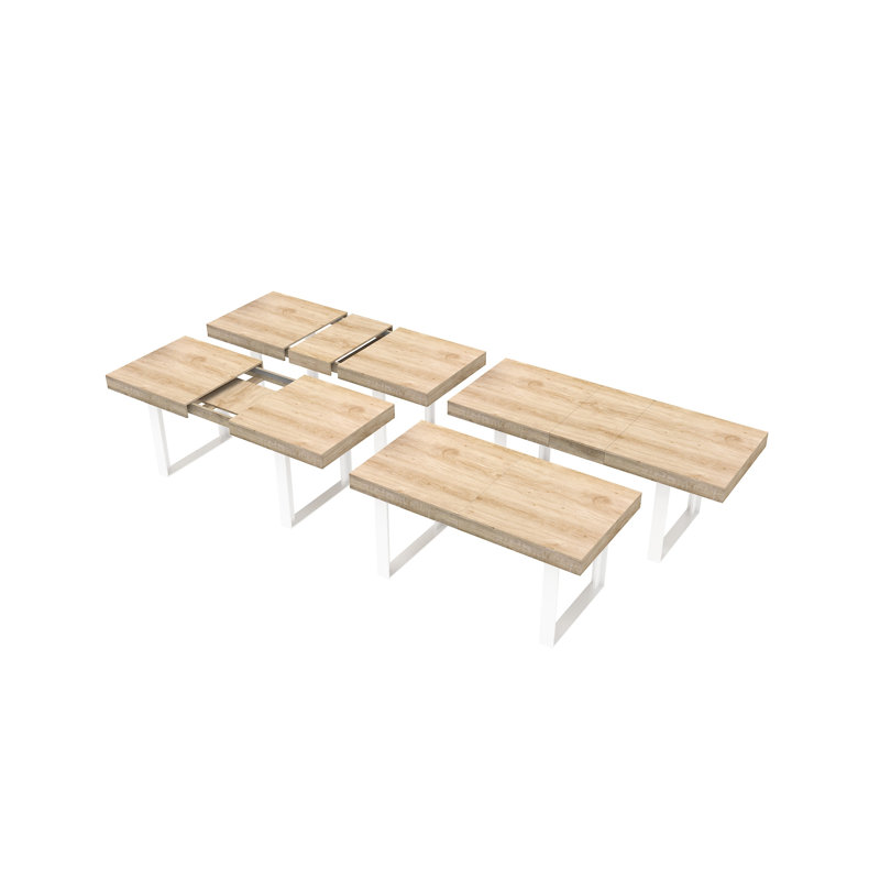 Table extensible pour 6 à 10 sièges, bureau de salle à manger en bois avec finition rayée, structure et lignes transparentes