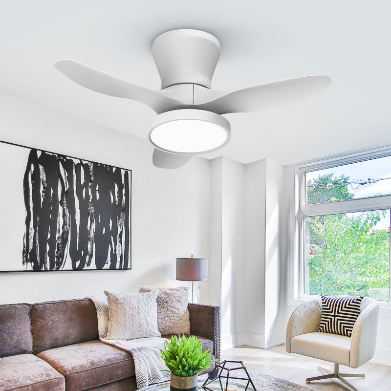 Ventilateur de plafond encastré 32 pouces avec lumière DEL Laurenzo pour petites pièces, Blanc / Blanc