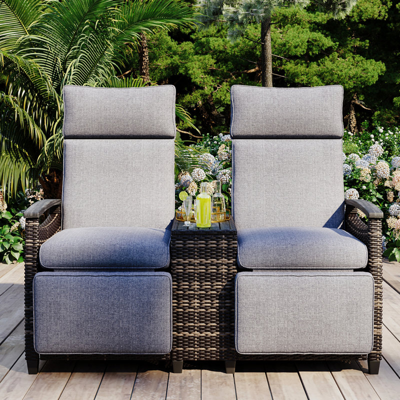 Double extérieur gris avec bois, repose-pieds réglable et fauteuil de patio toutes saisons, tissu, protection convenant au porche