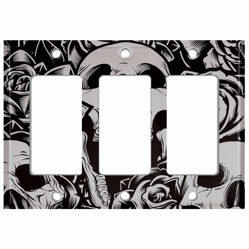 Metal Light Switch Plate Outlet Cover (Skull Rose Mouth Roses Flower Grey - Single Toggle)