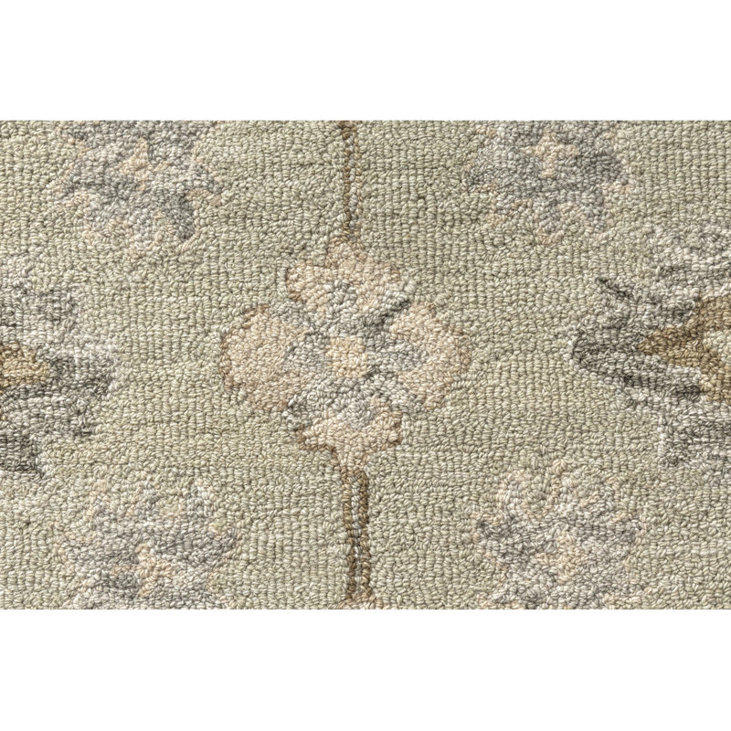 Tapis traditionnel en laine fait main, bordé vert vinyle/beige, 5 pi 9 po x 8 pi 9 po