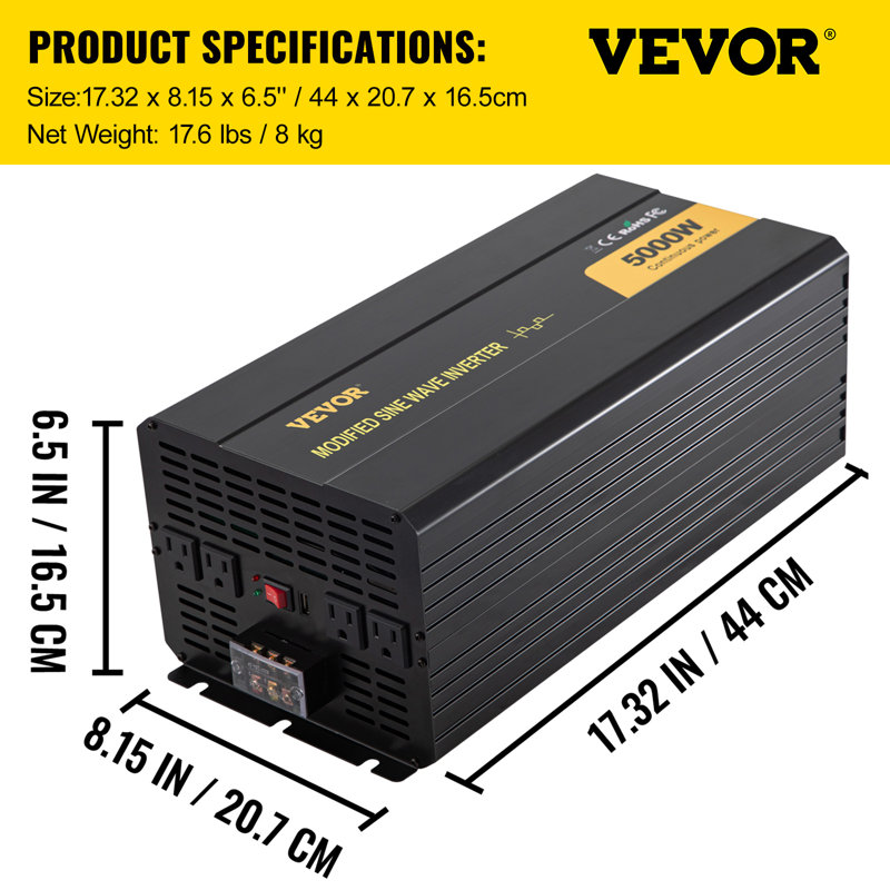 Power Inverter, 5000W Modified Sine Wave Inverter, DC 12V to AC