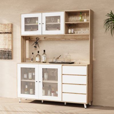 Large Liquor Cabinet Organizing Wine With Glass Doors, Drawers & Hooks by George Oliver