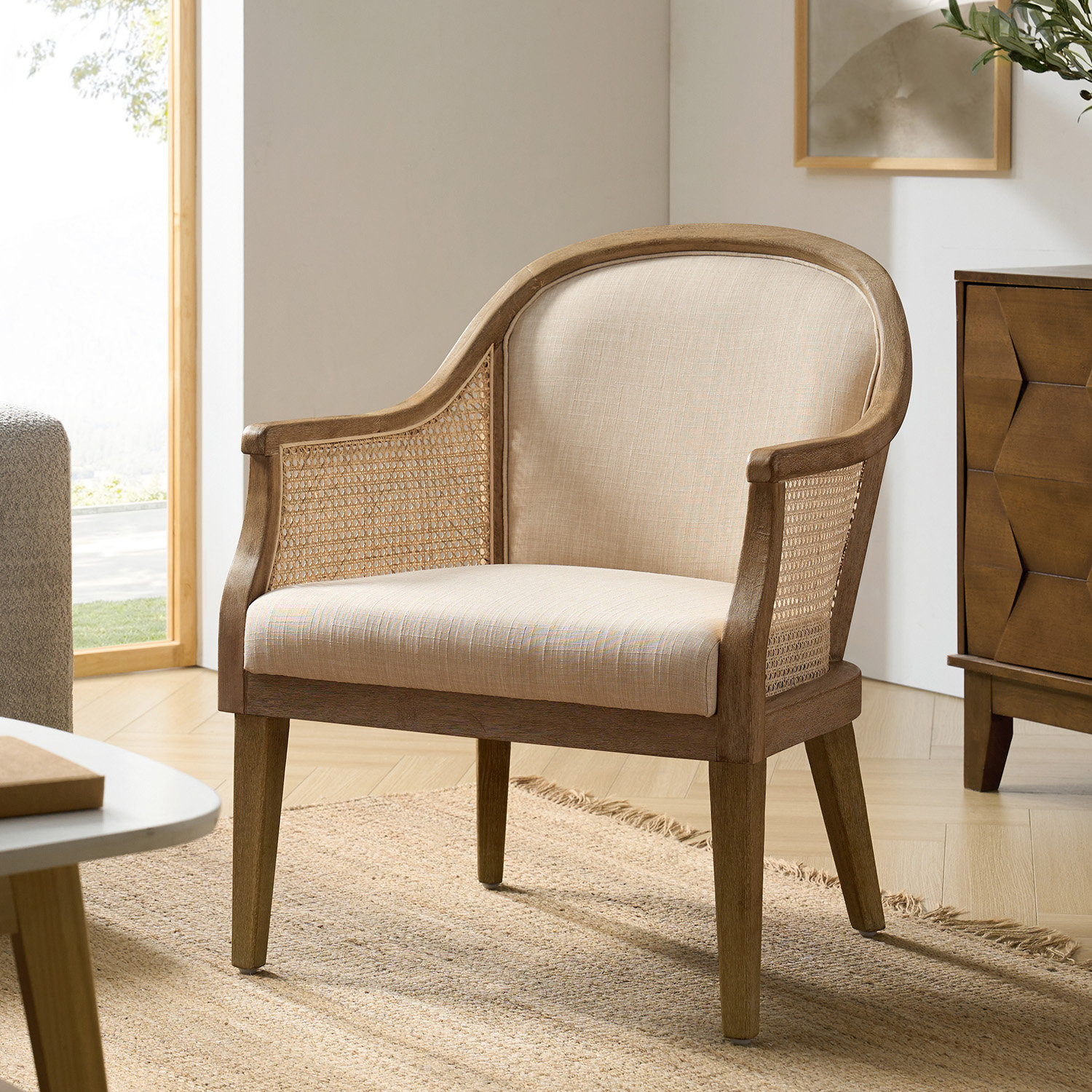 Xaver 28.5'' Wide Farmhouse Boucle Rattan Solid Wood Armchair