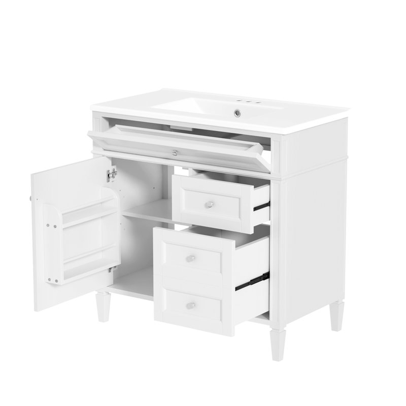 Meuble-lavabo de salle de bain avec lavabo supérieur, armoire de rangement, 2 tiroirs et un tiroir basculant, White
