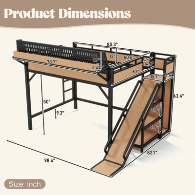 Lit mezzanine avec glissade, tablettes de rangement et garde-robe intégrée, cadre de lit mezzanine en métal avec ports USB et lumières DEL, avec panneau perforé, sécuritaire et solide
