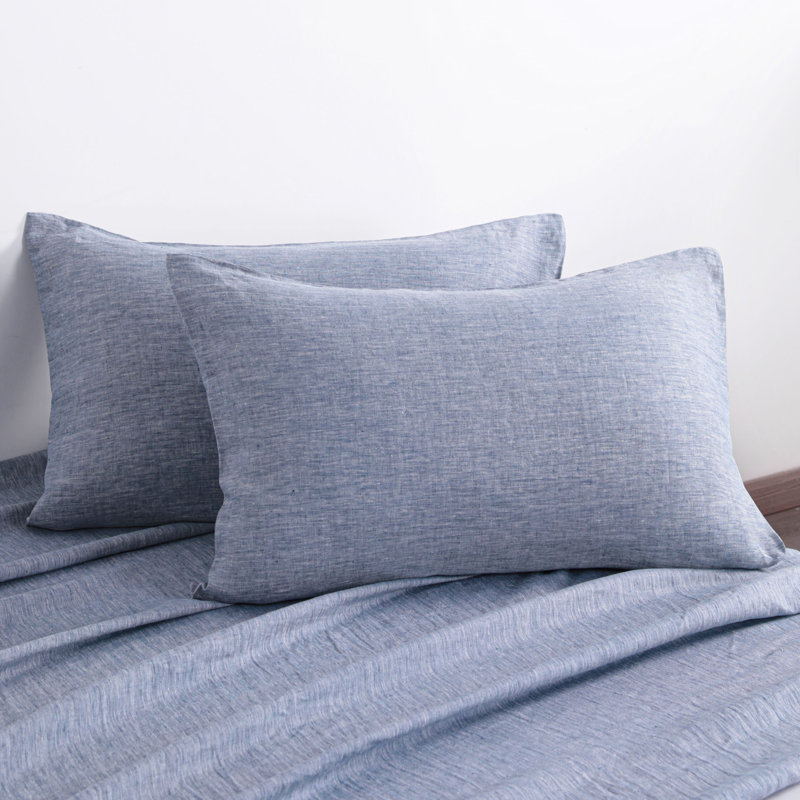 Ensemble de 2 taies d'oreiller avec fermeture à enveloppe en lin lavé respirant, Bleu denim, Taie d'oreiller très grande
