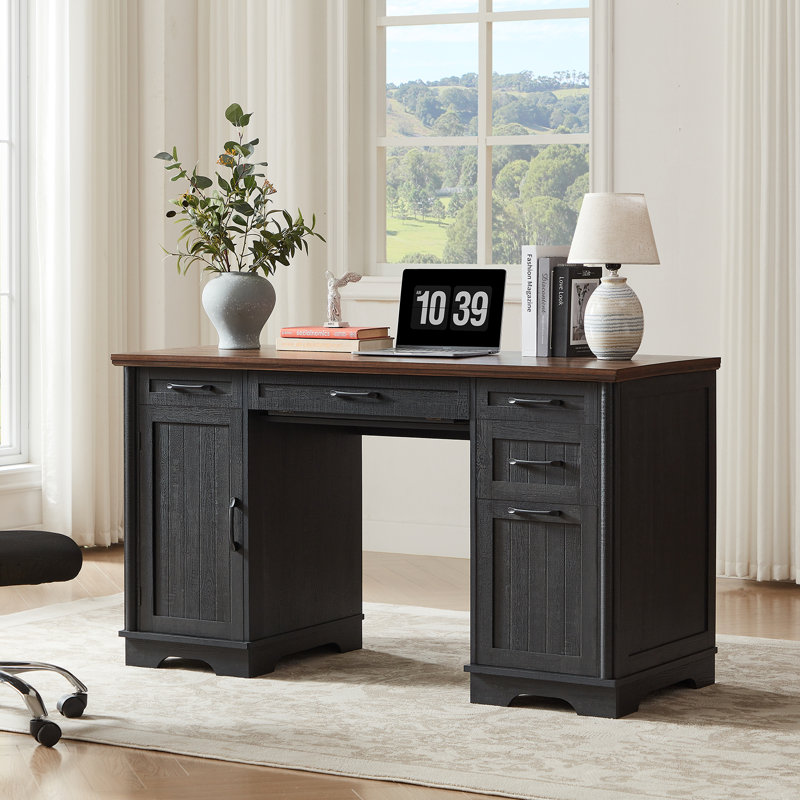 56'' Farmhouse Executive Desk With Drawers, File Cabinet and Power Outlets, Black