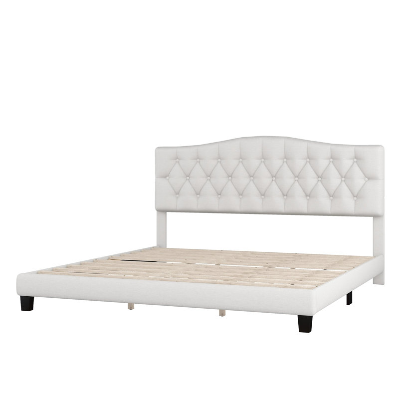 Très grand lit plateforme tapissier avec tête de selle courbée de conception capitonnée à motif de losanges et revêtement en tissu beige