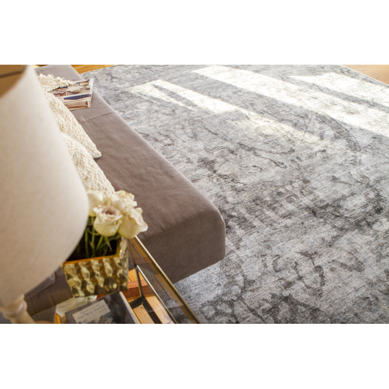 Antique'd Silk Damask Area Rug in Taupe, Rectangle 12' x 15'