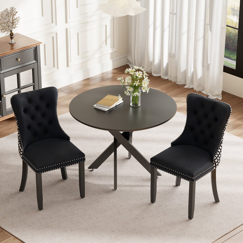 Ensemble de salle à manger rond en bois avec chaise capitonnée, Beige, 3, Noir