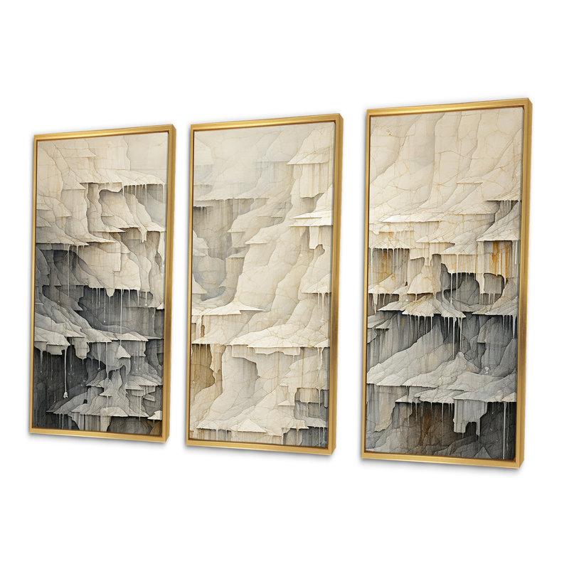 Beige et gris, simple cascade de falaise, Cadre flottant doré, H 32 po x l 48 po x P 1 po