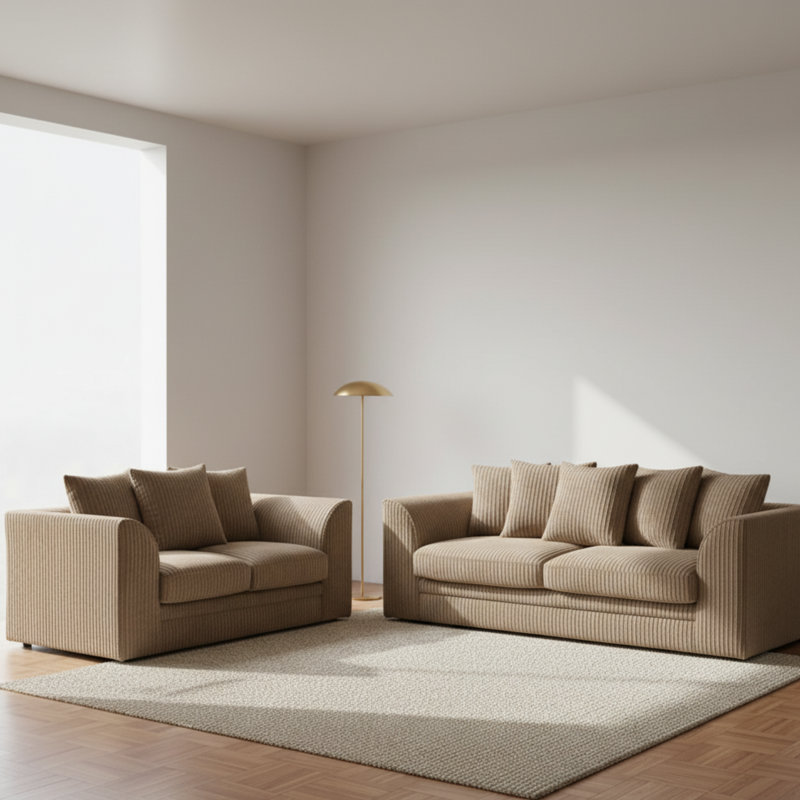 Soft Fabric Jumbo Cord 3 and 2 Seater Upholstered Living Room Sets, Beige