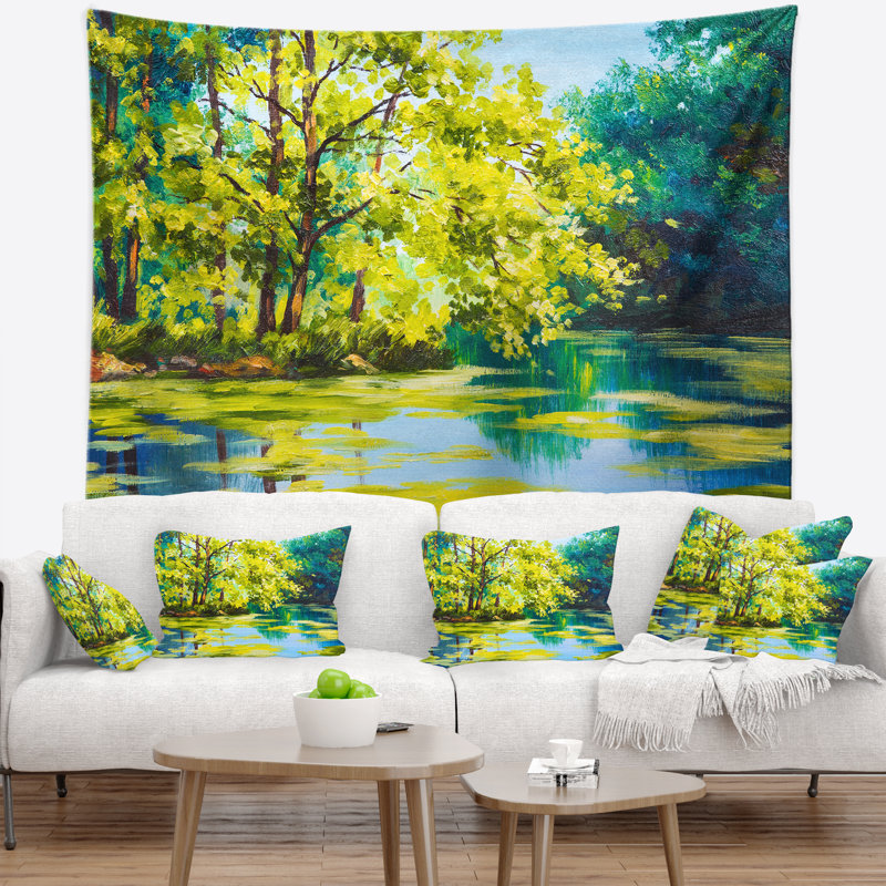 Paysage avec lac bleu sous une tapisserie d'arbre vert, H 50 po x l 60 po