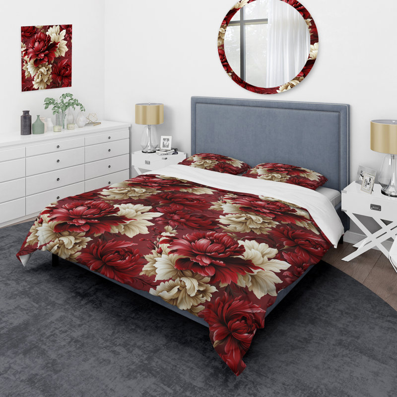 Red Regal Damask Opulence - Ensemble de housse de couette à motif floral, Housse de couette pour très grand lit et 2 très
