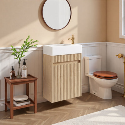 Meuble-lavabo flottant de 15,7 po avec lavabo SMC réversible, armoire en panneau de fibres à densité moyenne à devant ondulé, conception à pousser sans ouverture, charnières à fermeture en douceur