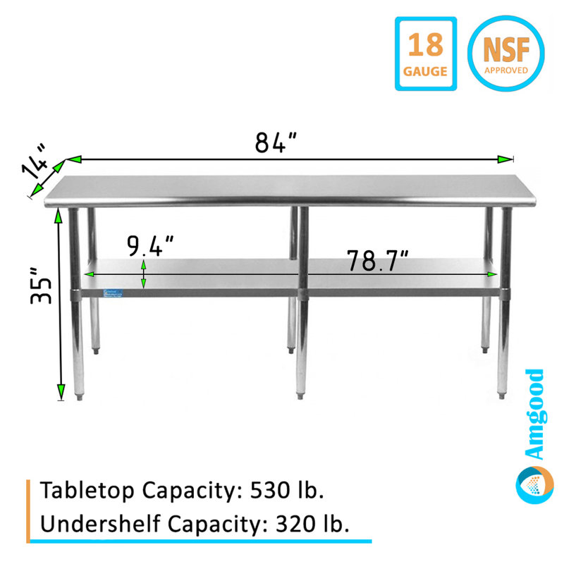 Amgood Stainless Steel L x W x 35 in. H Adjustable Work Table, 35" H x 84" W x 14" D