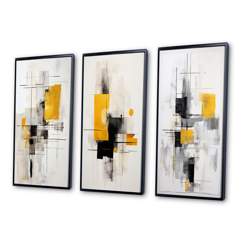 "Gris jaune, minimalisme pureté de la forme", 3 pièces sur toile, Cadre flottant noir, H 32 po x l 48 po