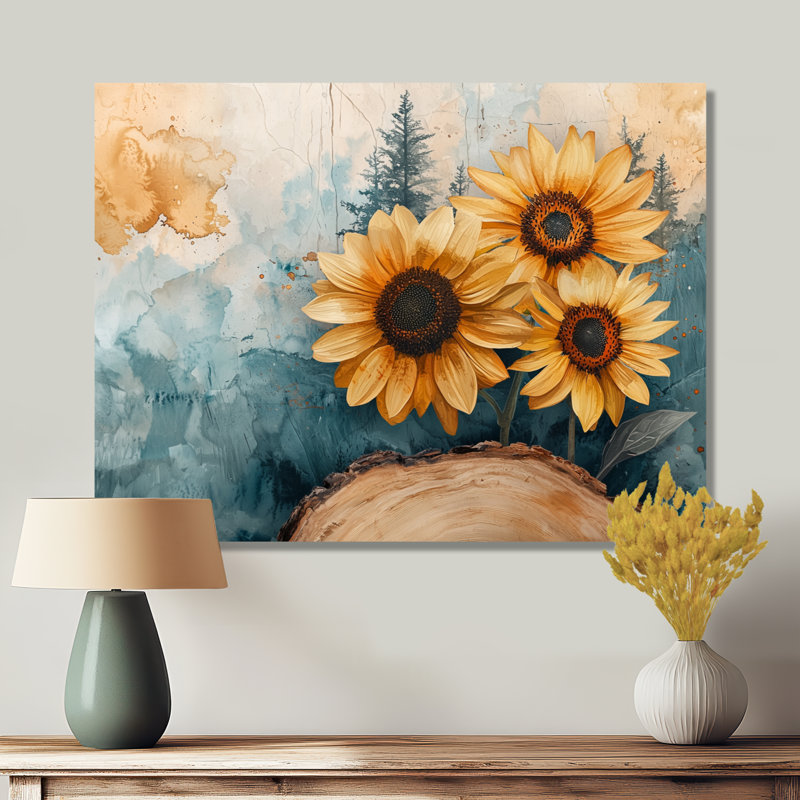 Aquarelle, tournesols, jardin, forêt, diapositive, H 12 po x l 20 po