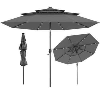 Parasol de patio solaire 10 pi avec 32 lumières DEL à 3 niveaux d'ajustement de l'inclinaison du dessus ventilé gris