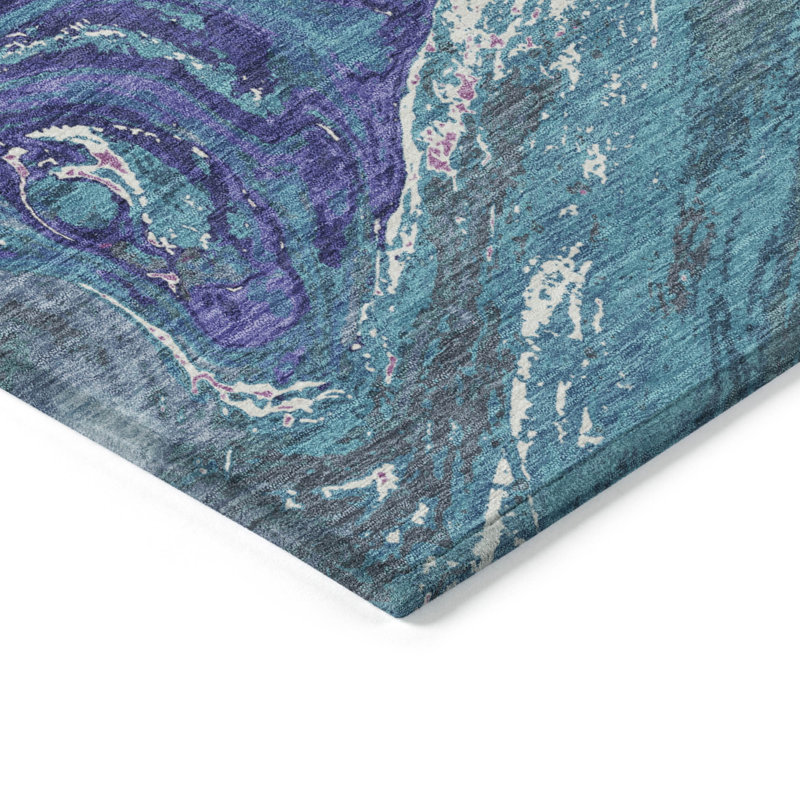 Teal Abstract Washable Synthetic Rectangular Rug 30" x 20"