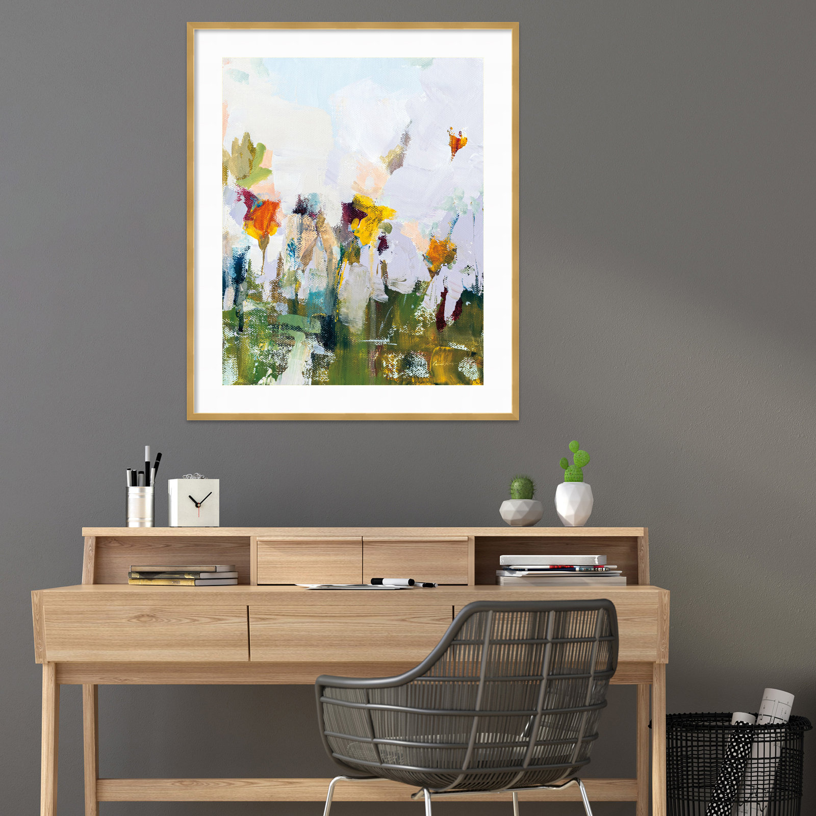 Spontaneous Summer Flowers Painting, 41.25" H x 34.42" W x 0.88" D, Gold