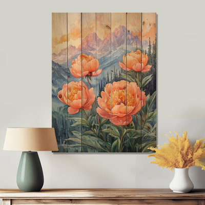 Été, pivoines et lever de soleil III - Art mural en bois pivoines - sur bois de pin naturel