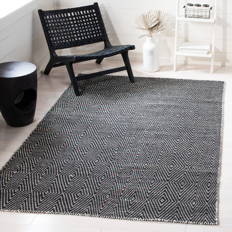 Tapis en laine / coton à tissage plat Estil en noir / gris, Rectangle 6 pi x 9 pi