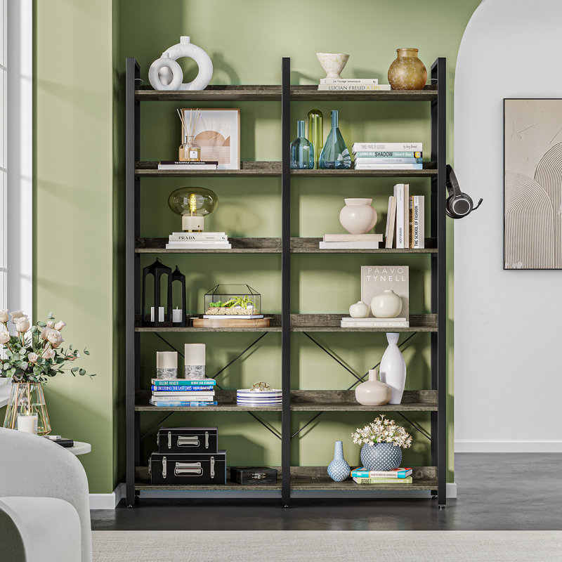 Bookshelf 6 Tier with 4 Hooks and fence, etagere bookcase with Open Shelves, Black/Grey