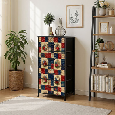 4 Drawer Vertical Storage Dresser Floral Patchwork Quilt Red Roses Daisies Stars Gingham Vintage with Wood Top Fabric Pull Drawers