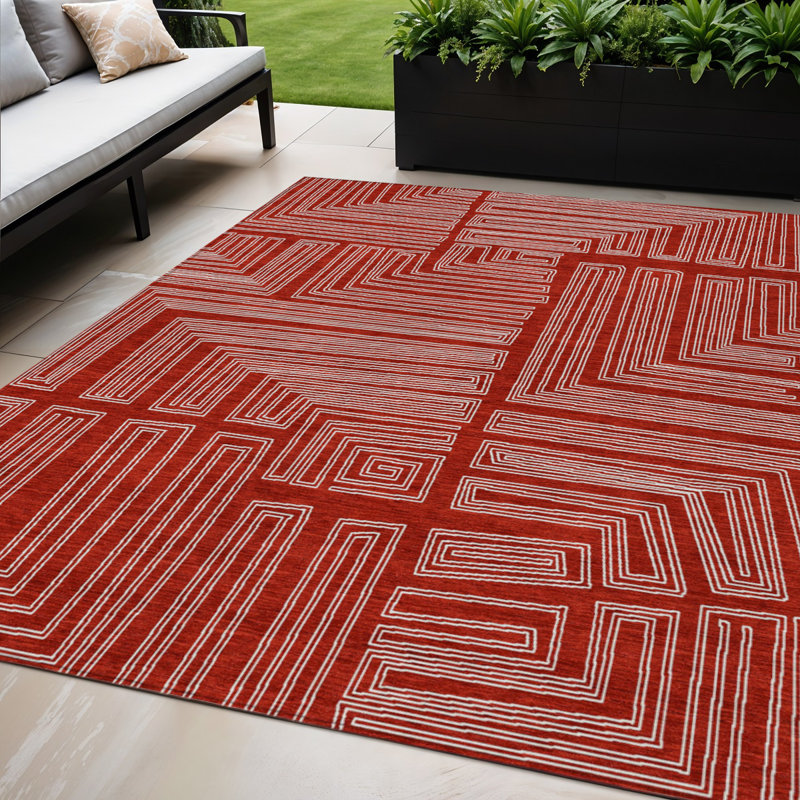 Tapis intérieur / extérieur géométrique lavable 5 pi x 8 pi rouge et ivoire